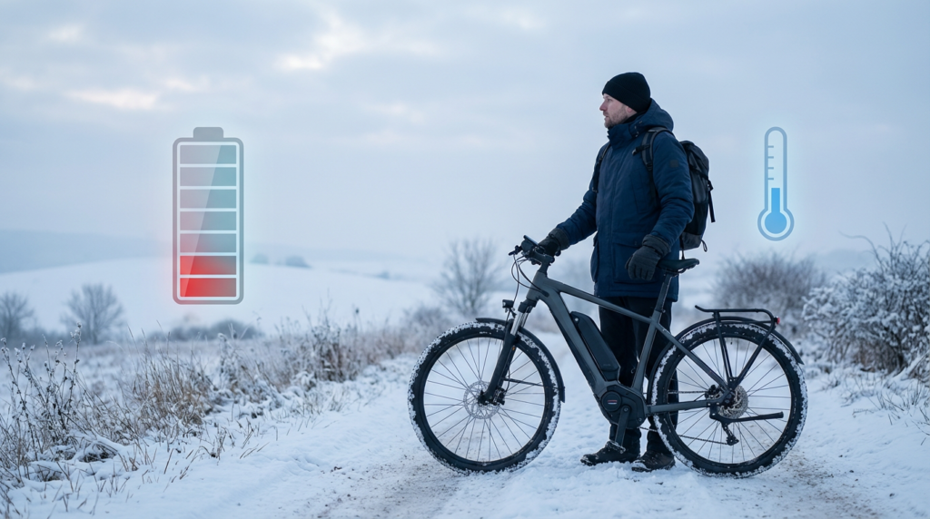 Infografika prikazuje zmanjšanje kapacitete baterije e-kolesa zaradi nizkih zimskih temperatur in kolesarja v snegu