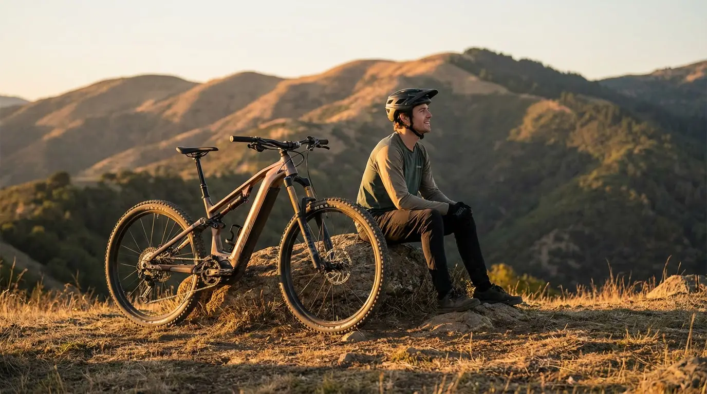 voznik z e-gorskim kolesom na razgledu ob sončnem zahodu
