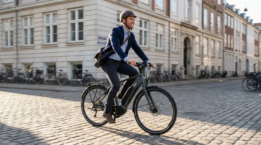 Moški na električnem kolesu med vožnjo v službo skozi mestno središče