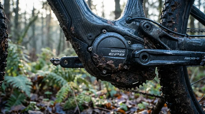 Detajl motorja električnega gorskega kolesa z blatom