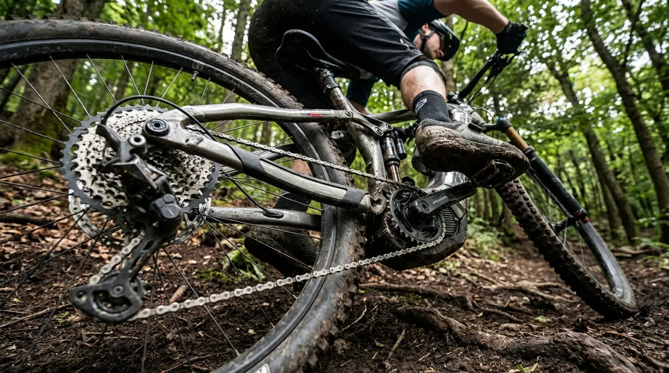 E-kolo med strmim vzponom po gozdnem terenu, vidna napeta veriga, kaseta in zadnji motor pod visoko obremenitvijo.
