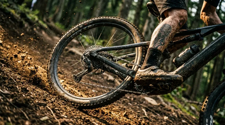 Detajl gorskega kolesa pri vzponu na strmem terenu