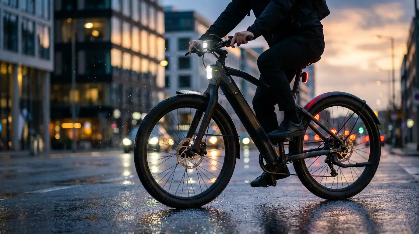 Električno SUV kolo z vgrajenimi LED lučmi in disk zavorami med vožnjo po mokri mestni cesti