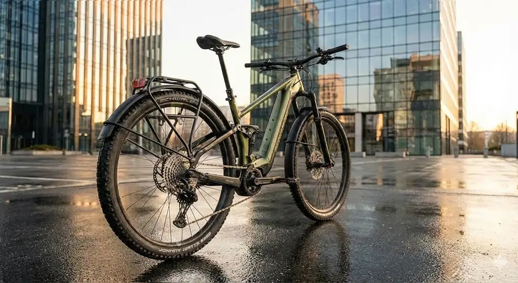 Električno SUV kolo z integriranim prtljažnikom, blatnikom in LED lučjo v urbanem okolju