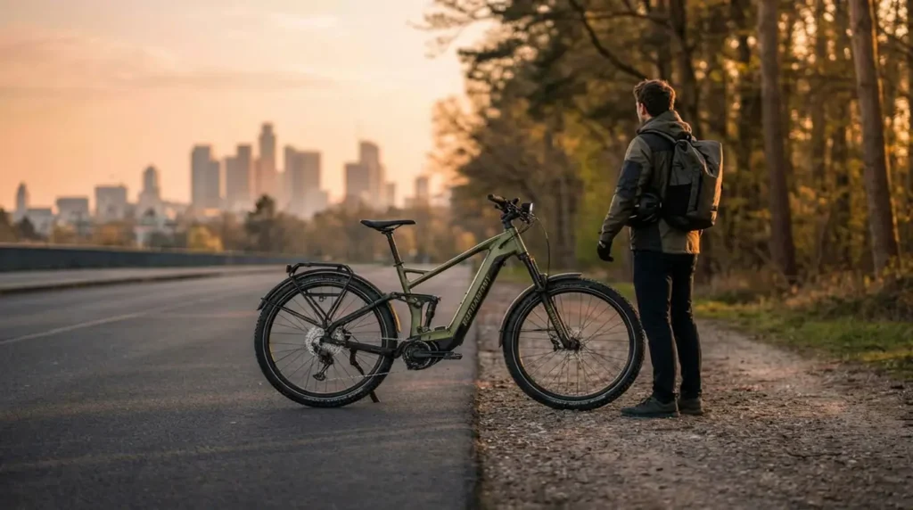 Polnovzmeteno električno SUV kolo na meji med mestno cesto in gozdno potjo