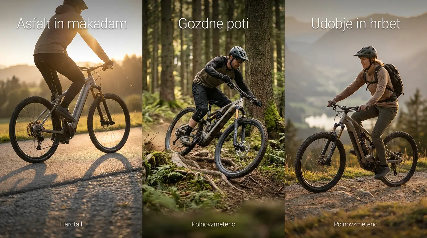 primerjava hardtail in polnovzmetenega e-kolesa glede na asfalt, gozdne poti in udobje