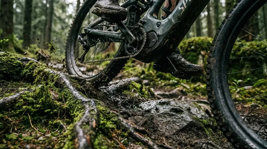 Detajl motorja e-kolesa med vožnjo čez korenine