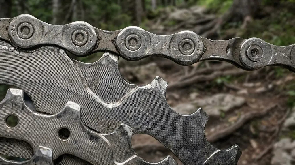 Makro posnetek obrabljene verige in zobnikov kasete na e-kolesu, vidne praske in deformacija materiala zaradi visokega navora.