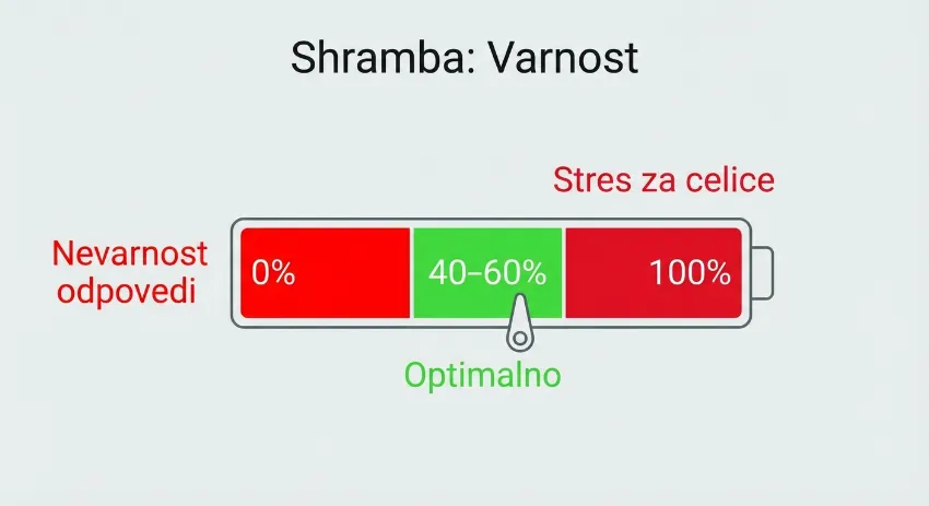 Graf prikazuje optimalno napolnjenost baterije za dolgotrajno shranjevanje