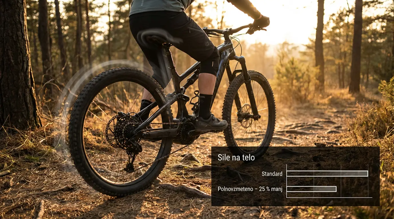 zadnje vzmetenje polnovzmetenega e-kolesa zmanjšuje vertikalne sile med vožnjo