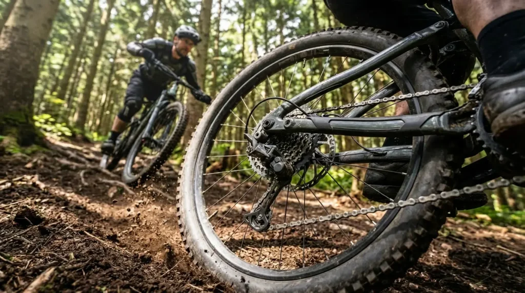Napeta veriga in zadnji menjalnik e-kolesa med vzponom po strmem gozdnem klancu, prikaz obremenitve pogonskega sklopa.
