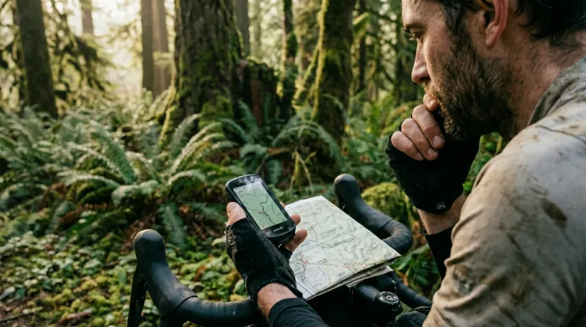 Kolesar preverja navigacijo in stanje baterije na zaslonu e-kolesa sredi gozda