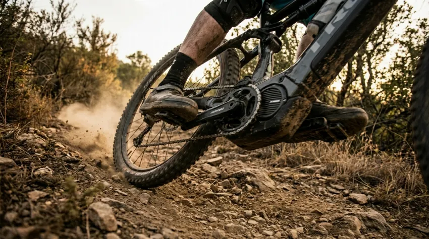 Kolesar hitro poganja pedala e-kolesa v klanec za optimalno porabo energije