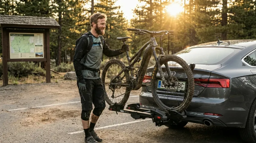 Nalaganje električnega kolesa na prtljažnik za vlečno kljuko