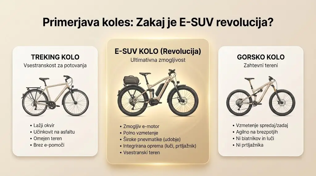 Infografika primerjave treking kolesa, električnega SUV kolesa in gorskega kolesa z njihovimi prednostmi in razlikami.