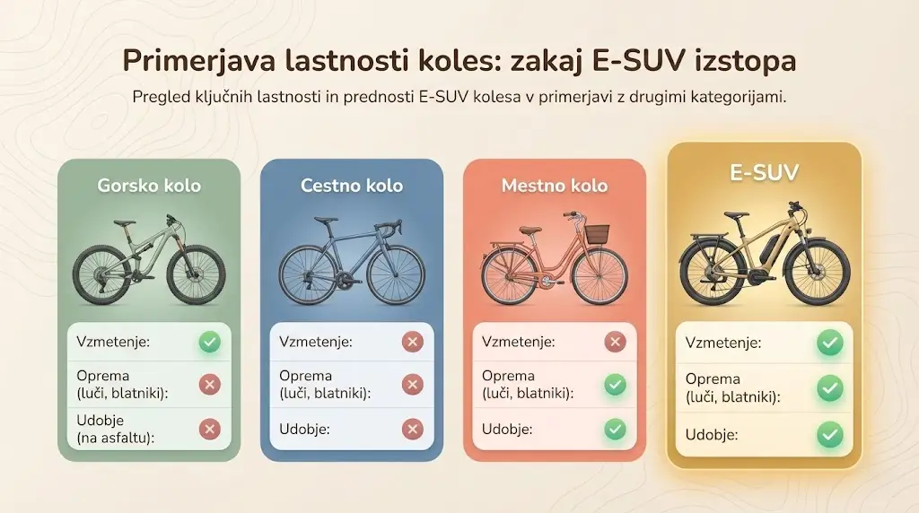 Infografika primerjave lastnosti gorskega, cestnega, mestnega in električnega SUV kolesa (vzmetenje, oprema, udobje).