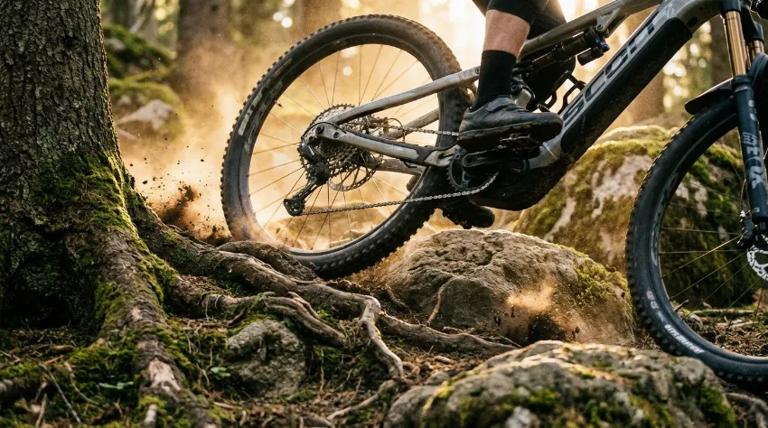 Polnovzmeteno e-kolo med plezanjem čez korenine v gozdu