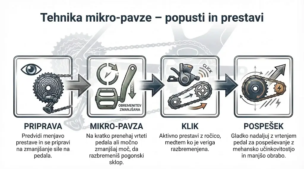 Infografika tehnike mikro-pavze za pravilno prestavljanje na e-kolesu, prikaz štirih korakov: priprava, razbremenitev, klik in pospešek.