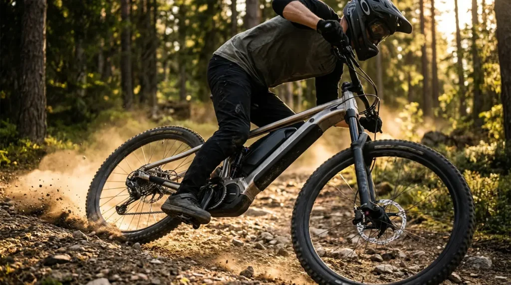 Gorsko električno kolo med dinamičnim spustom po gozdnem terenu, ki prikazuje stabilnost zaradi večje teže in nizkega težišča