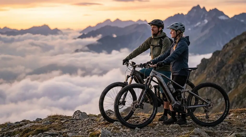 Dva kolesarja na električnih gorskih kolesih na vrhu gore ob sončnem zahodu z razgledom nad oblaki.