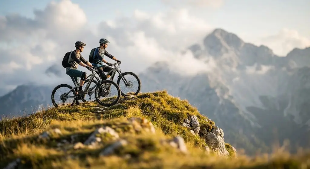 Dva gorska kolesarja z e-kolesi na visokogorskem grebenu opazujeta epski razgled na Alpe ob sončnem zahodu, kar predstavlja nagrado za pametno upravljanje z baterijo.
