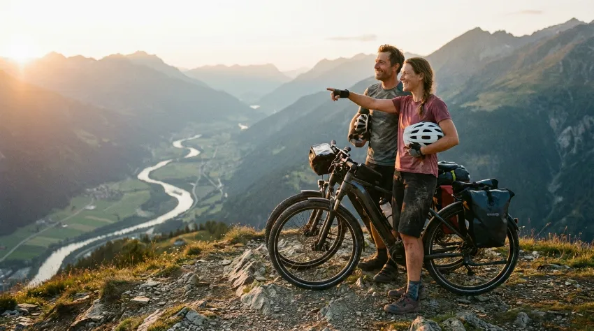 Kolesarja počivata na vrhu hriba z razgledom