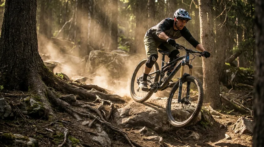 Enduro kolesar na tehničnem spustu čez korenine