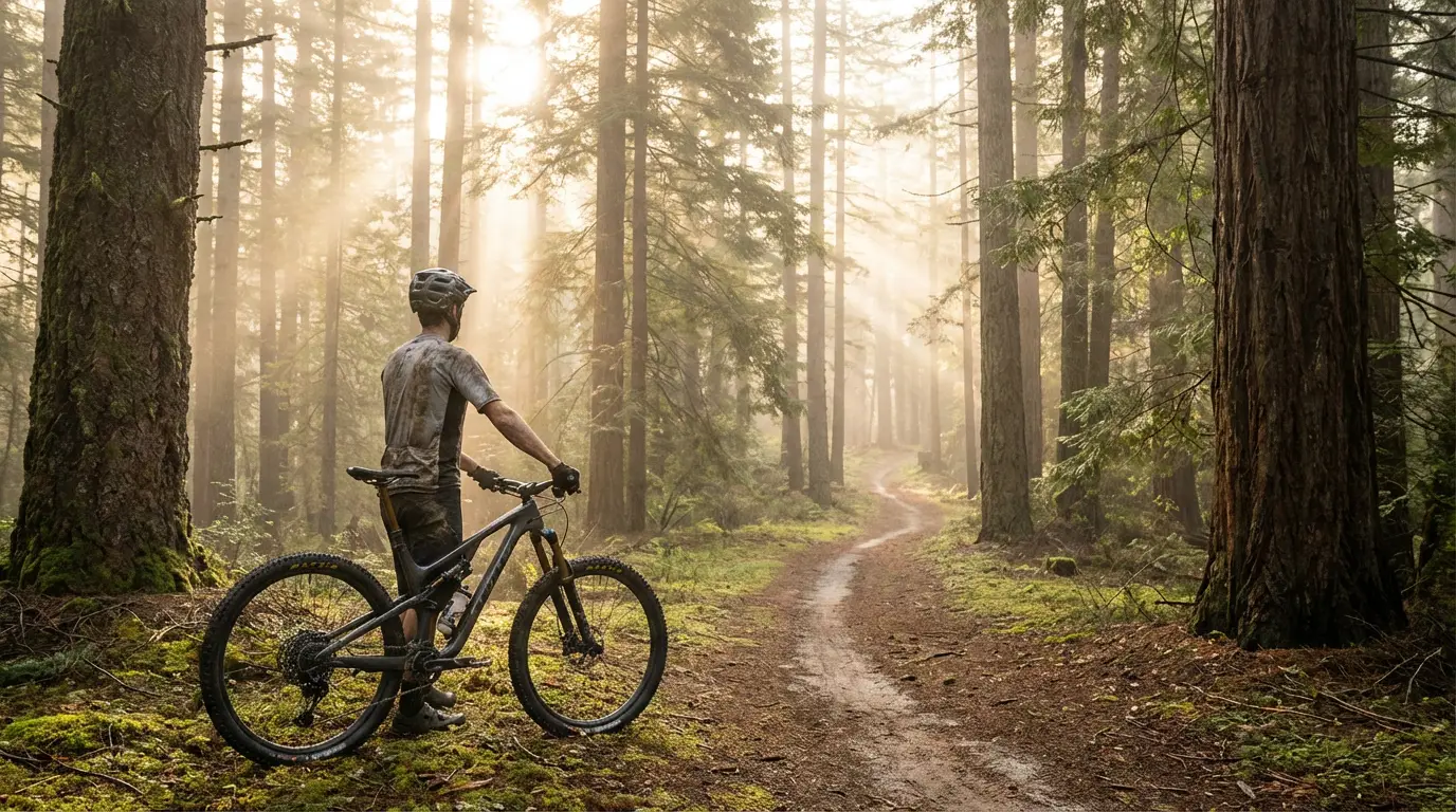 Kolesar z gorskim kolesom na gozdni trail poti med razmišljanjem o nadaljevanju poti