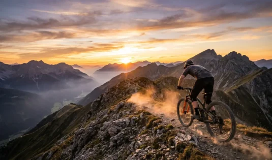 Kolesar na gorskem kolesu na alpskem grebenu ob sončnem zahodu