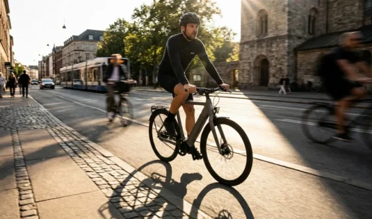 Kolesar na sodobnem mestnem električnem kolesu med jutranjo vožnjo