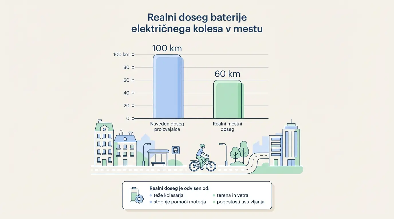 Realni doseg baterije električnega kolesa v mestu – primerjava navedenega dosega proizvajalca in realnega mestnega dosega