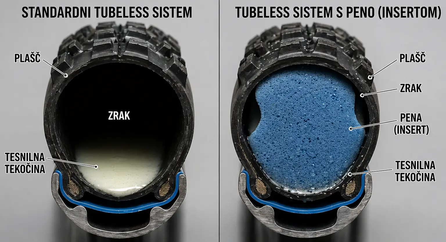 razlika tubeless sistem in tubeless z insertom prerez pnevmatike pena zaščita obroča