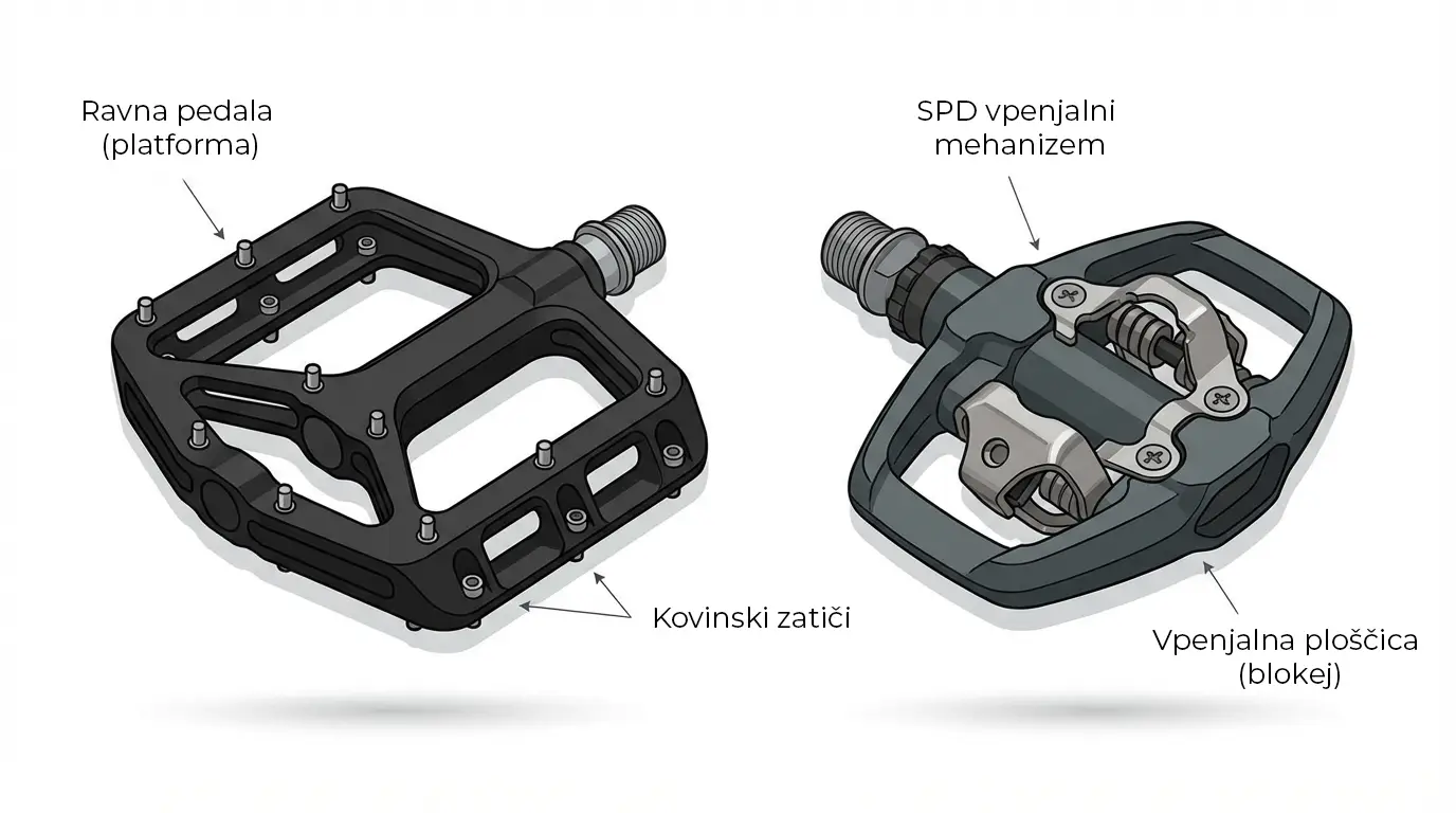 primerjava ravnih pedal in SPD vpenjalnega sistema na gorskem kolesu