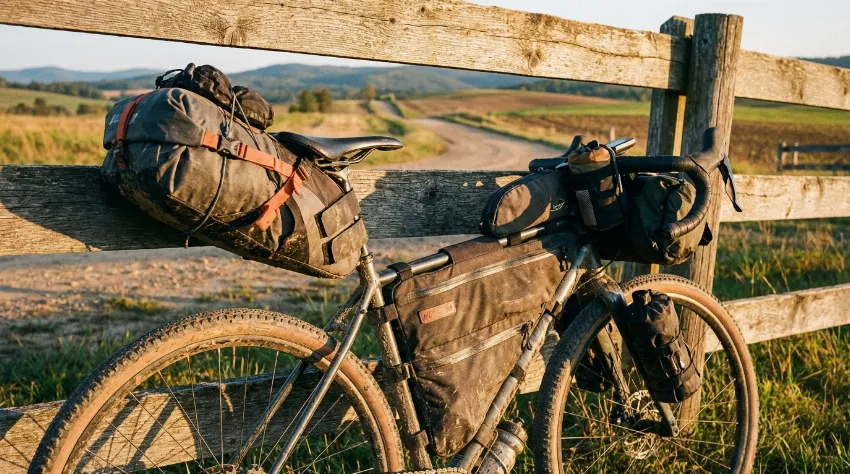 Gravel kolo opremljeno s torbami za bikepacking potovanje