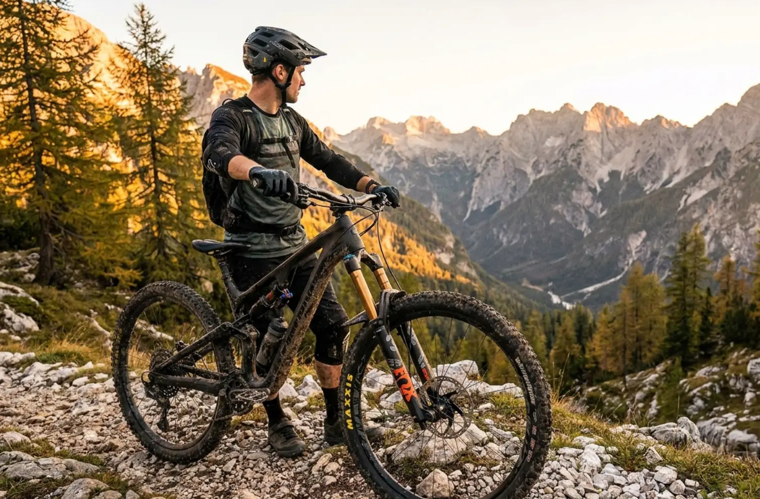 gorski kolesar z vzmetenim kolesom na alpski poti v slovenskih gorah