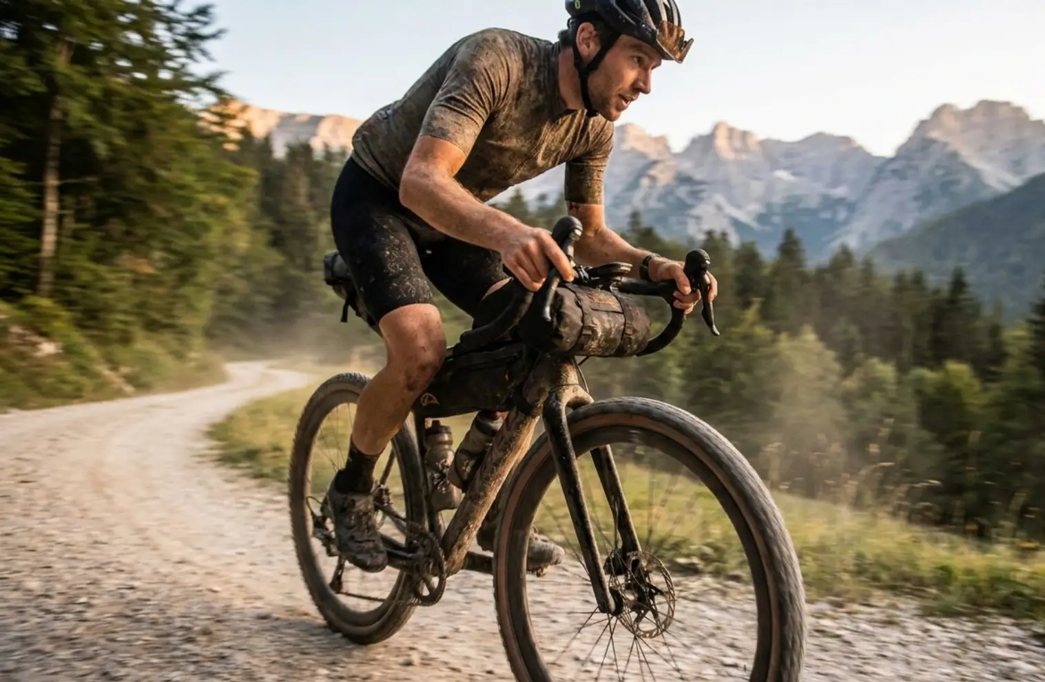 gravel kolesar na makadamski cesti v gorah bikepacking torba avantura