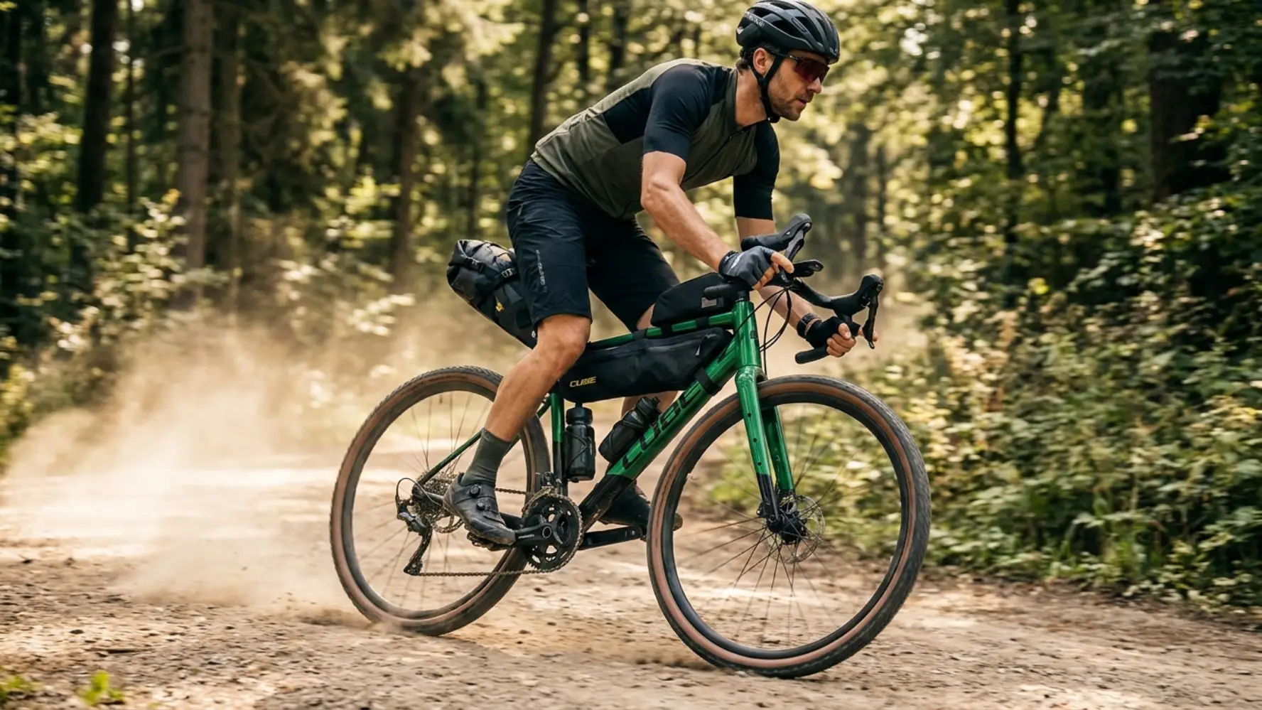 gravel kolo z bikepacking torbami vožnja po makadamski poti v gozdu