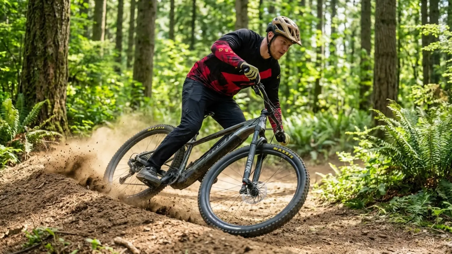 hardtail gorsko kolo na tekočem flow trailu v gozdu, hitra vožnja skozi zavoj z dvignjenim prahom