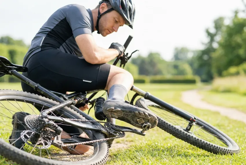 Kolesar vadi vpenjanje čevlja v SPD pedal na travnati površini.