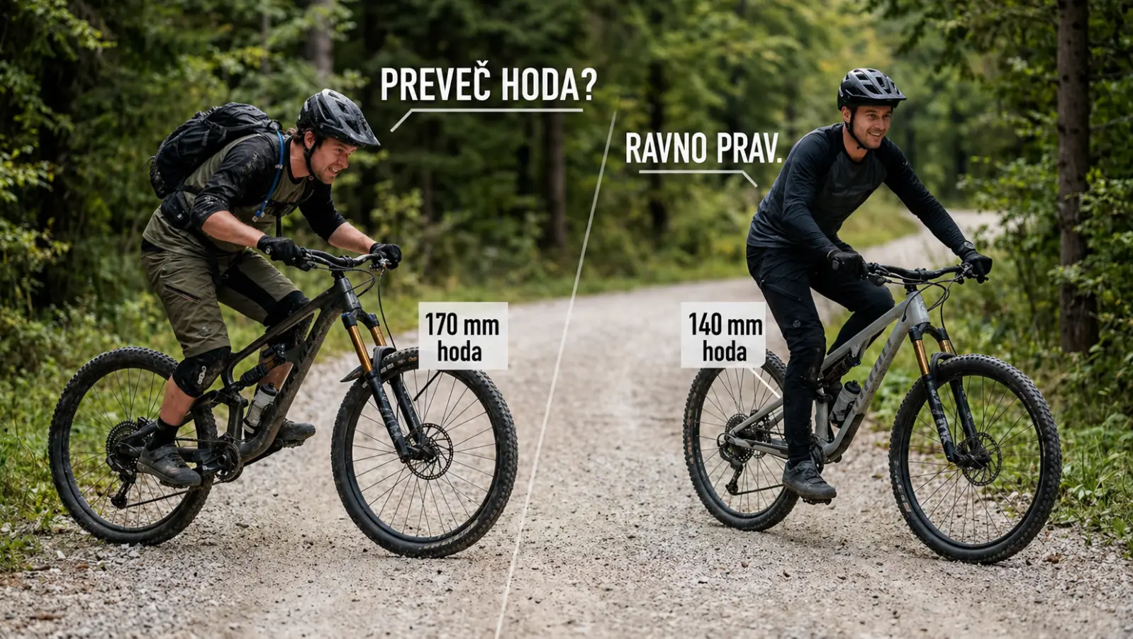 primer preveč hoda gorskega kolesa 170 mm na ravnem terenu v primerjavi s 140 mm trail kolesom