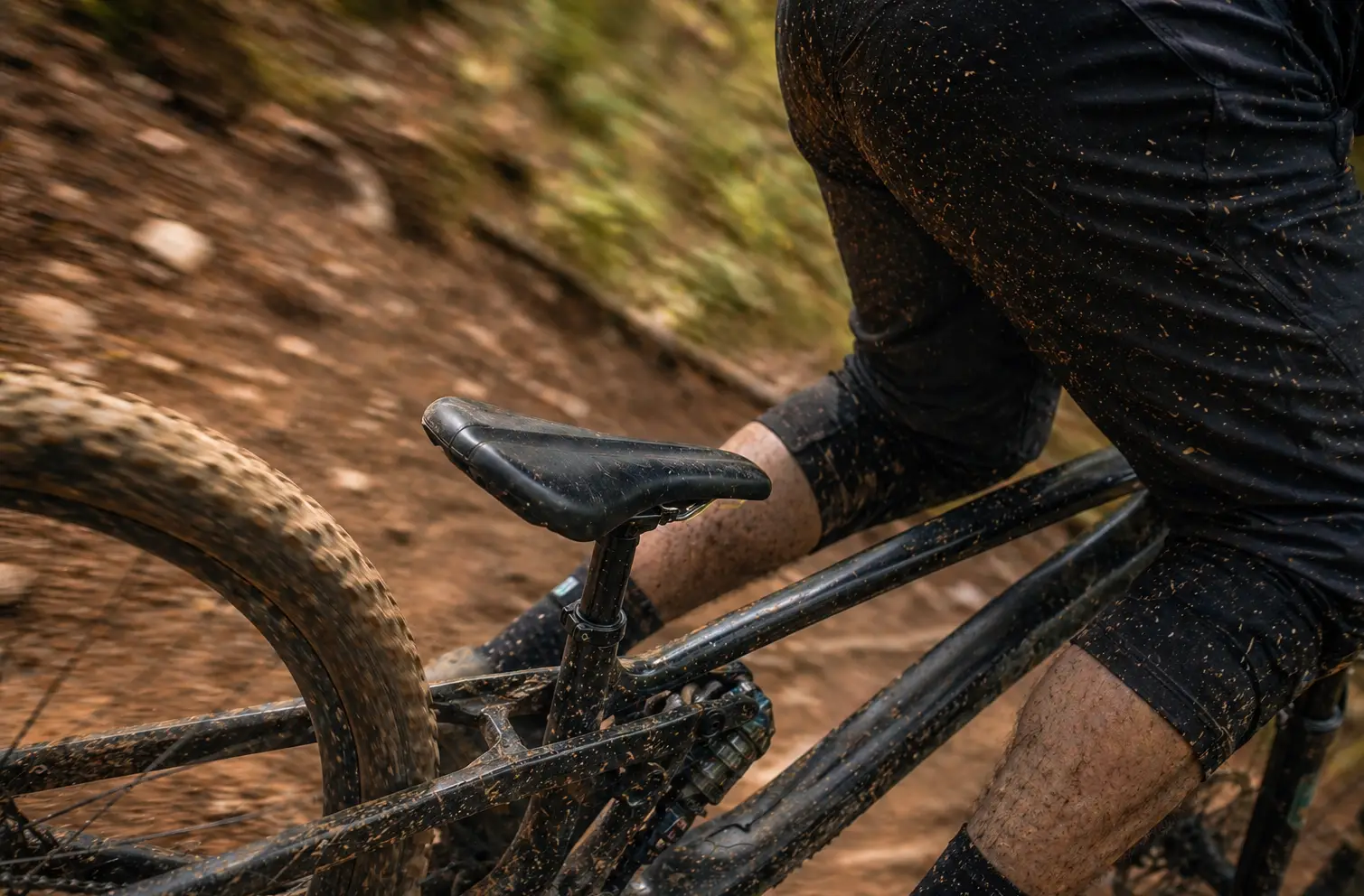 Potopna sedežna opora v spuščenem položaju med vožnjo po gozdnem trailu