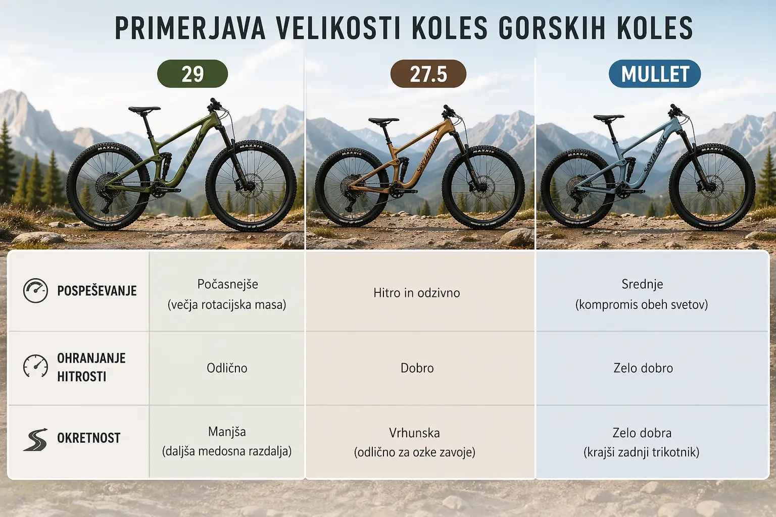 Primerjava velikosti koles 29 col, 27.5 col in mullet pri gorskih kolesih – hitrost, okretnost in stabilnost