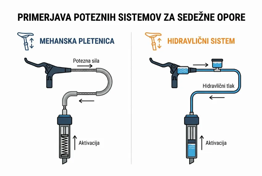 Infografika z razlago razlike med hidravličnim in mehanskim sistemom potopne sedežne opore