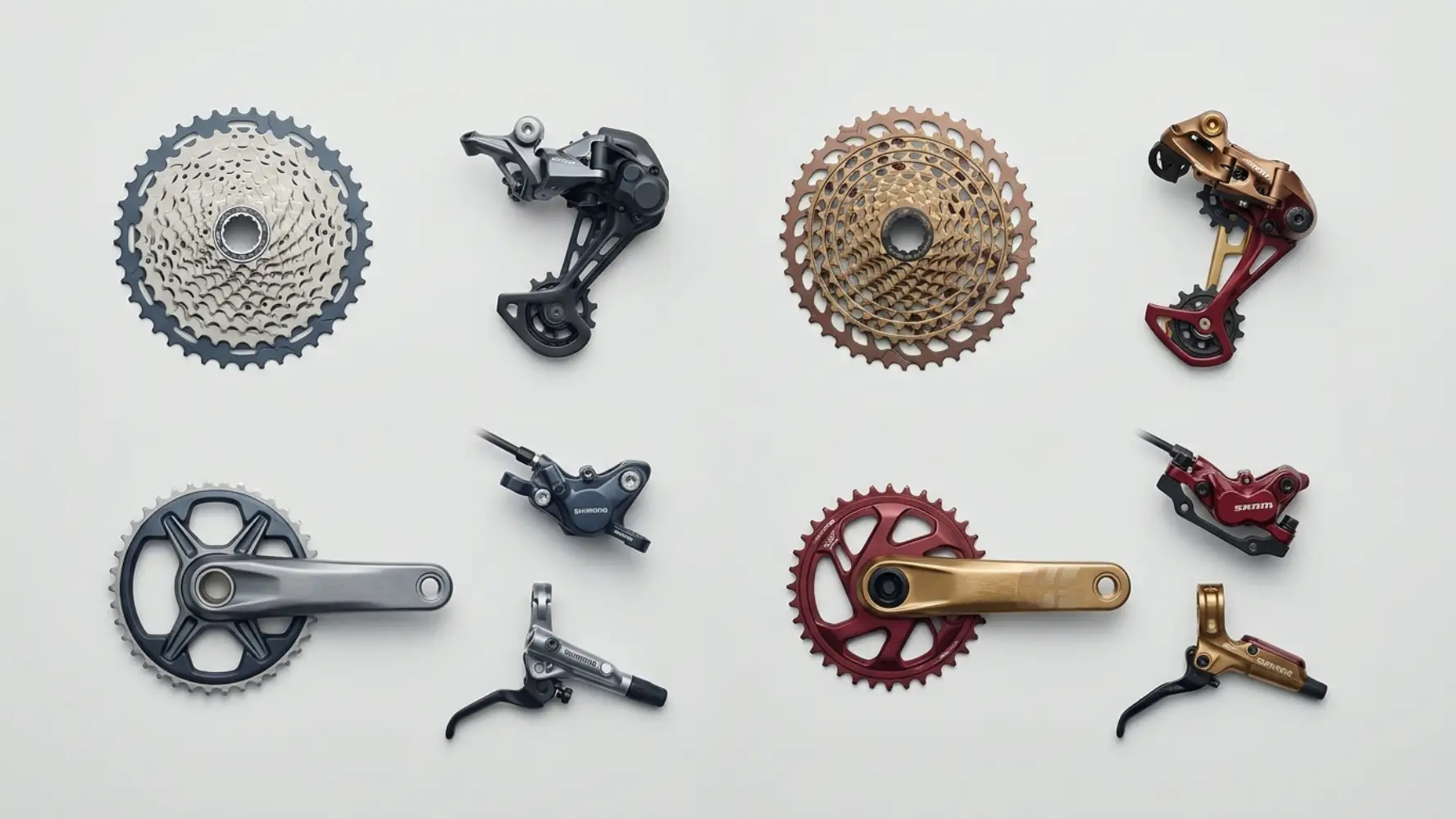 Primerjava Shimano in SRAM komponent za gorsko kolo – kaseta, menjalnik, gonilka in zavore