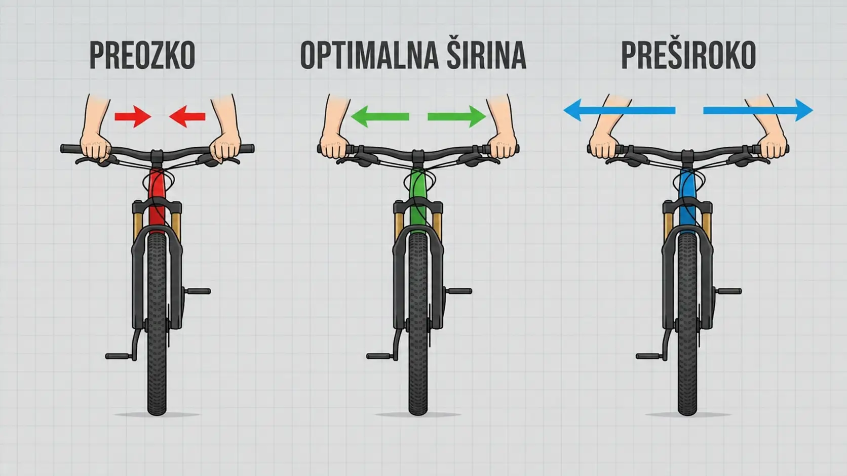 primerjava širine krmila mtb preozko optimalna širina preširoko položaj rok