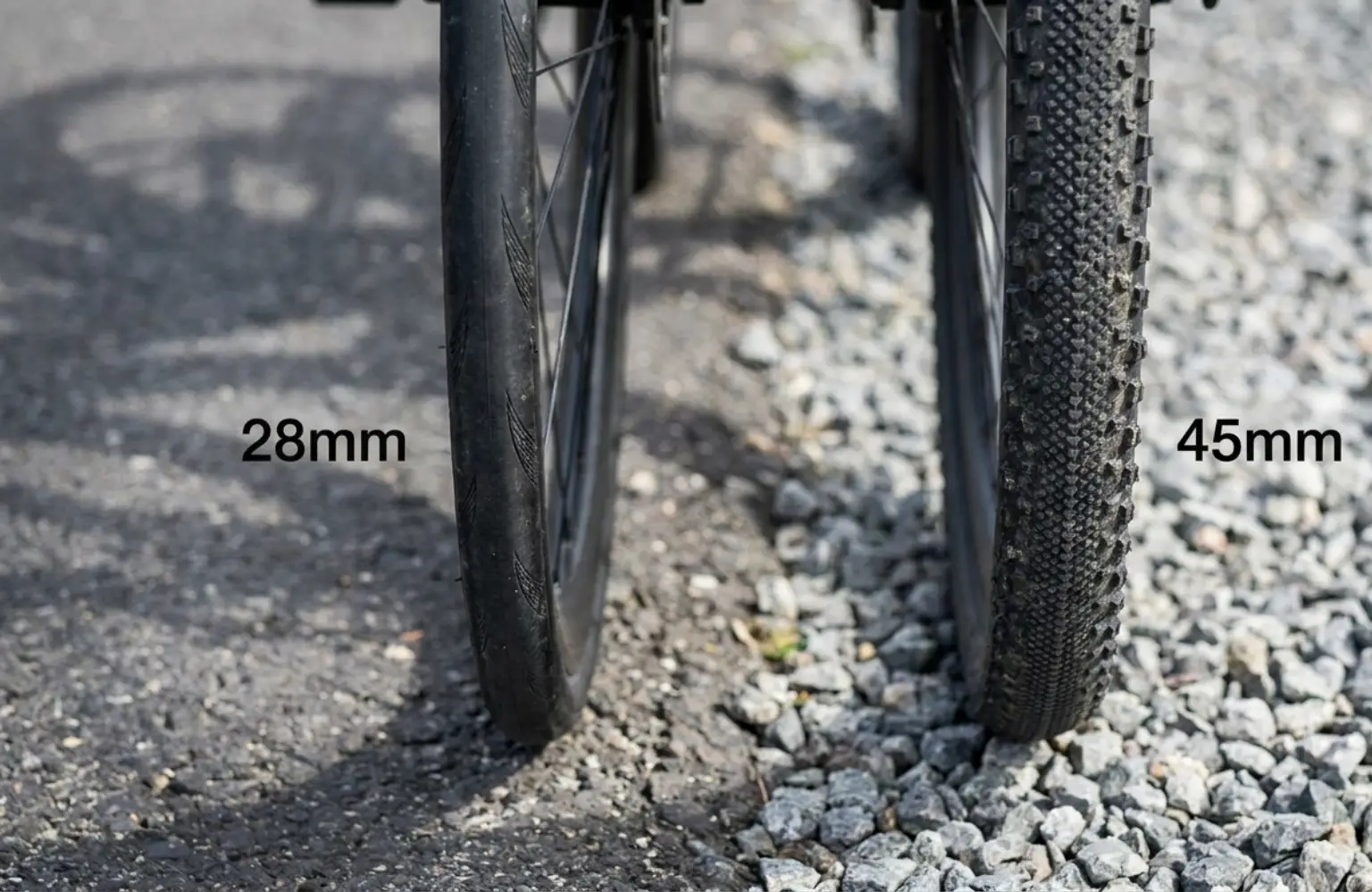 primerjava širine pnevmatik 28mm cestno kolo in 45mm gravel kolo