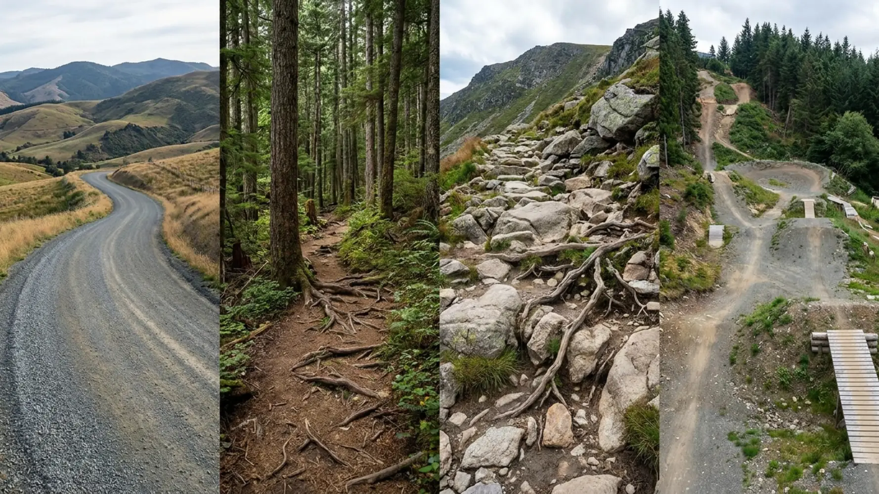 različni tereni gorskega kolesarjenja makadam gozd korenine skale bike park primerjava