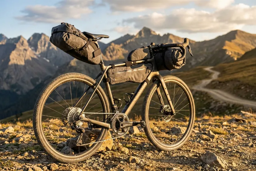 Gravel kolo opremljeno s torbami za bikepacking v naravi.