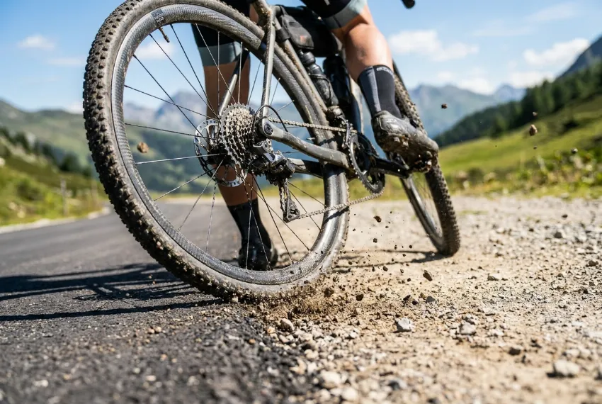 Od blizu posneta gravel pnevmatika med vožnjo po mešanem makadamu.