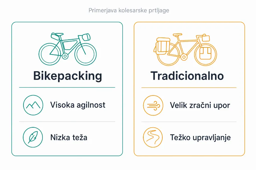 Infografika, ki primerja agilnost in težo med bikepackingom in tradicionalnim potovalnim kolesarjenjem.
